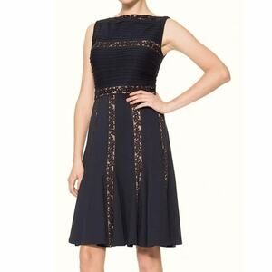 Tadashi Shoji Bateau Pintuck Jersey Lace Sleeveless Dress Black M